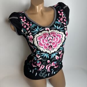 Black Floral Embroidered Cap Sleeve Top Pink Peony Cottagecore Coquette Boho M